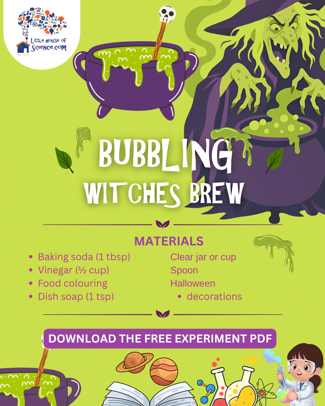 Bubbling Witches Brew materials card with a witch and bubbling cauldrons.