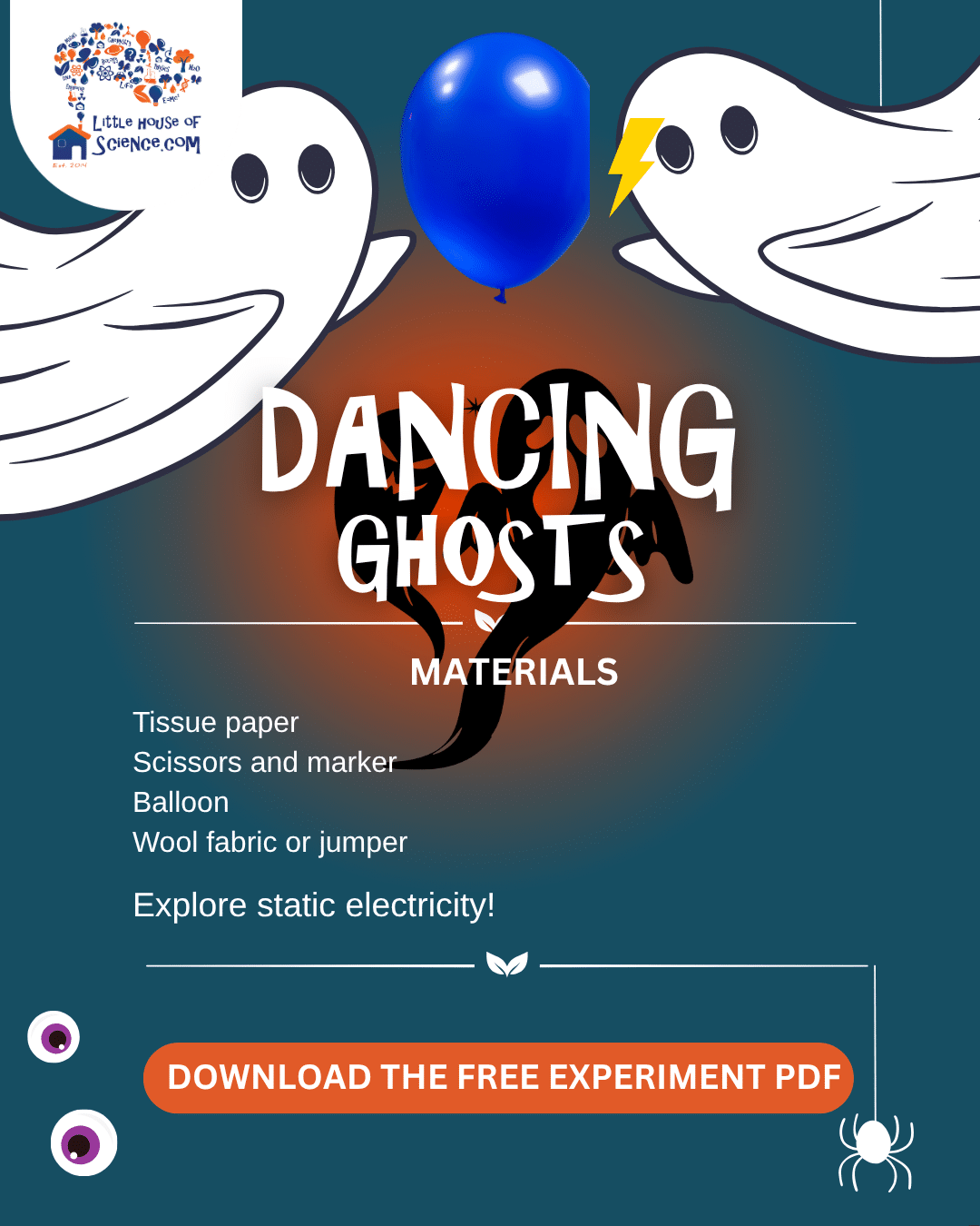Dancing Ghosts materials card with two ghosts, a blue balloon and a lightning bolt.