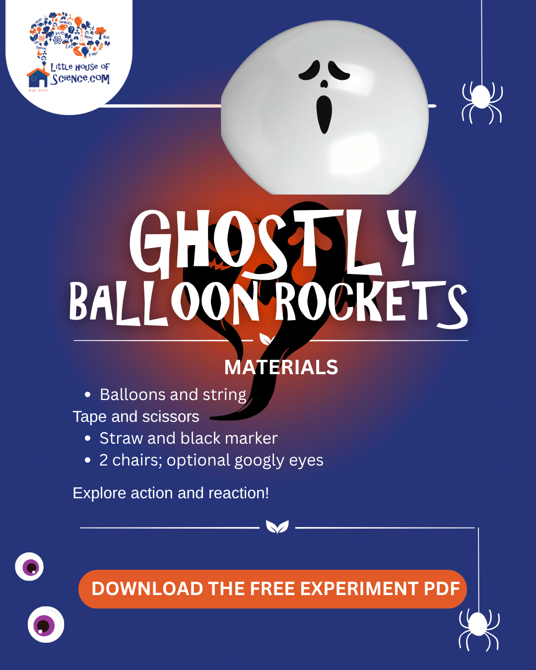 Ghostly Balloon Rockets materials card with a ghost-faced balloon on a string.