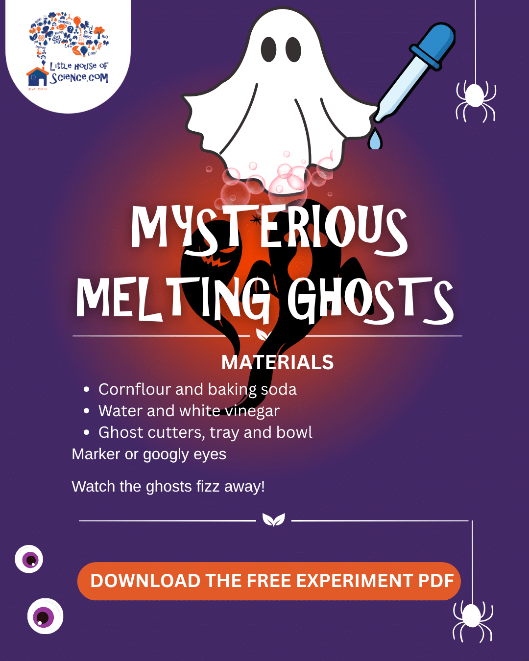 Mysterious Melting Ghosts materials card with a ghost, a dropper and fizzing bubbles.