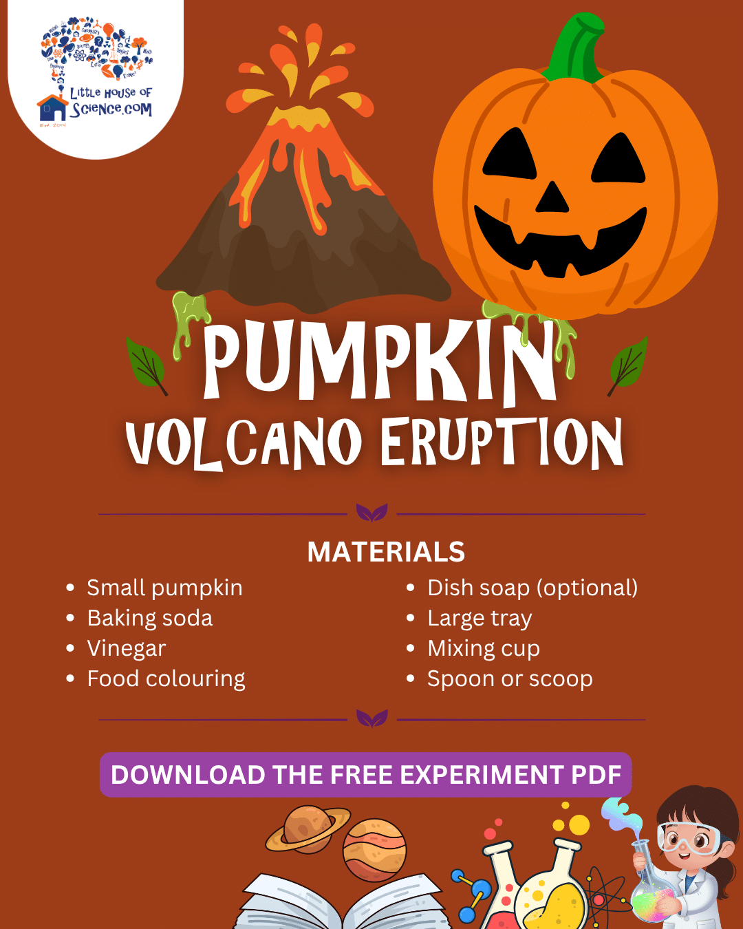 Pumpkin Volcano Eruption materials card with a jack-o’-lantern and an erupting volcano.