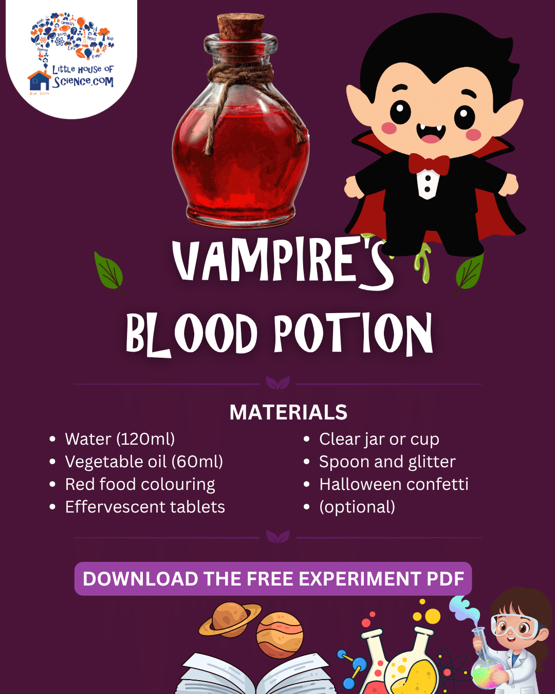 Vampire’s Blood Potion materials card with a vampire and a bottle of red potion.